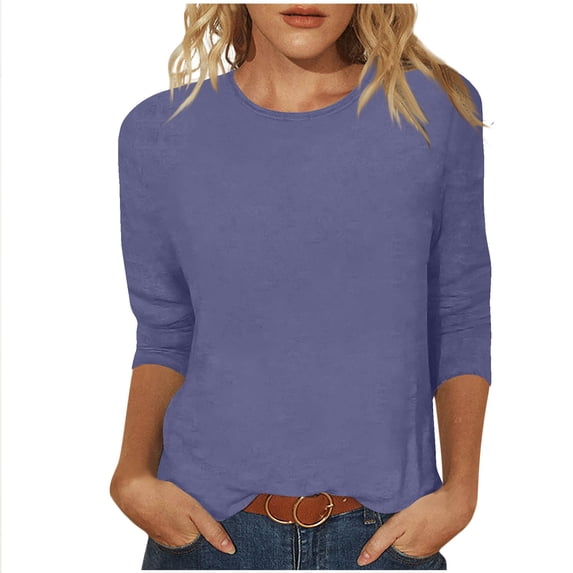 3/4 Sleeve T Shirts for Women Crew Neck 3/4 Length Sleeve Pullover Tops Loose Casual Blouses for Work New Dark Blue S