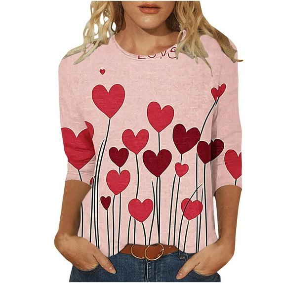 3/4 Sleeve T Shirts for Women Cute Heart Graphic Tees for Valentine's Day Casual Crewneck Basic Top