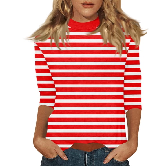3/4 Sleeve T Shirts for Women Mock Neck Womens Blouses Breathable Slim Fit Striped Soft Fabric Womens Summer Tops Casual