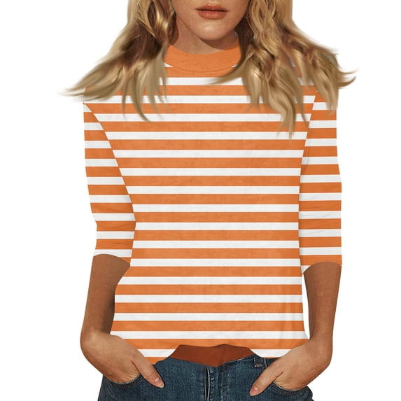 3/4 Sleeve T Shirts for Women Mock Neck Womens Blouses Breathable Slim Fit Striped Soft Fabric Womens Summer Tops Casual
