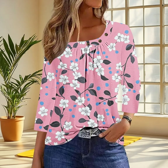3/4 Sleeve T Shirts for Women Plus Womens Summer Shirts Loose Fit Womens Tops Trendy Summer Floral Tops for Women