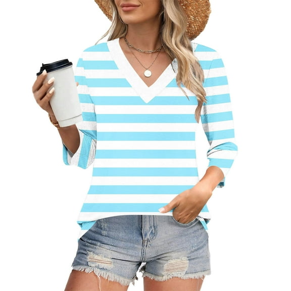 3/4 Sleeve T-Shirts for Women Polka Dots Printed Casual V Neck Tee T-shirts Fall Spring Going Out Tops Loose Fit (L, Light Blue 01)