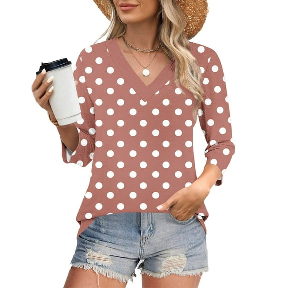3/4 Sleeve T-Shirts for Women Polka Dots Printed Casual V Neck Tee T-shirts Fall Spring Going Out Tops Loose Fit (S, Hot Pink)