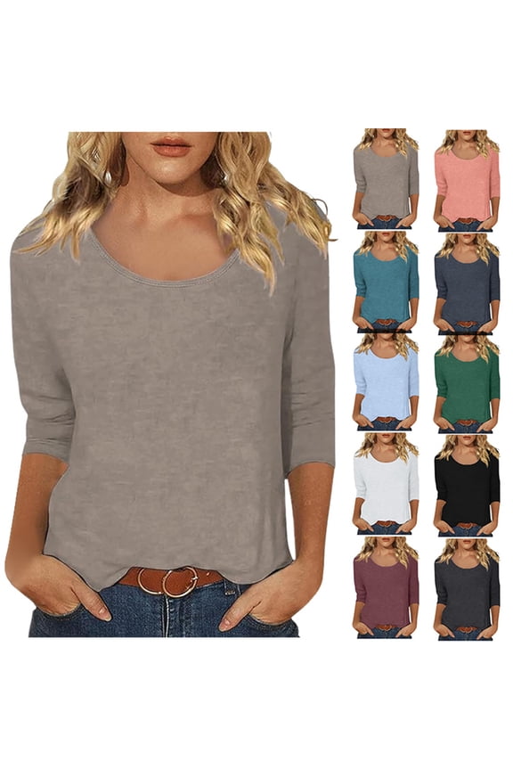 3/4 Sleeve T Shirts for Women Slim Crew Neck Low Cut Tee Casual Breathable Top Khaki XL