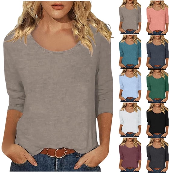 3/4 Sleeve T Shirts for Women Slim Crew Neck Low Cut Tee Casual Breathable Top Light Blue XL