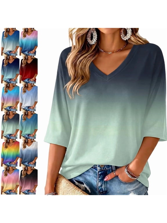 3/4 Sleeve T Shirts for Women Summer Plus Size V Neck Three Quarter Sleeve Tops Casual Loose Fit Blouses Mint Green M