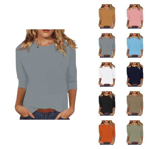 3/4 Sleeve T Shirts for Women Summer Solid Casual Crew Neck Tunic Tops Vacation Tops