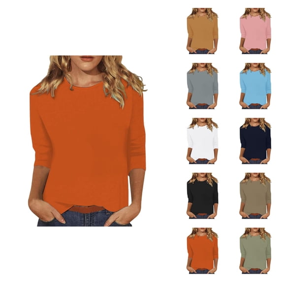 3/4 Sleeve T Shirts for Women Summer Solid Casual Crew Neck Tunic Tops Vacation Tops