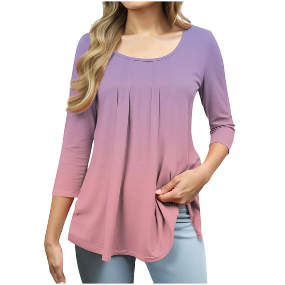 3/4 Sleeve T-Shirts for Women Trendy Gradient Color Pleated Flowy Tunic Tops Scoop Neck Casual Tees Spring Fall (M, Pink)