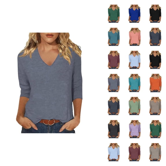 3/4 Sleeve T Shirts for Women V Neck Fashion Solid Casual Womens Summer Tops Basic Tops Office Shirts
