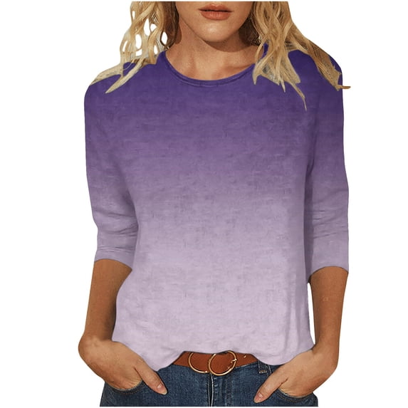 3/4 Sleeve T-Shirts for Women Workout Tops,2024 Gradient Printed Blouse Tee Shirt Round Neck 3/4 Length Casual Basic Pullover Top