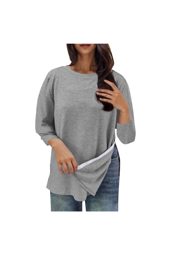 3/4 Sleeve T Shirts for Women with Side Slits Snap Closure Convenient Crew Neck Pullover Tops Breathable Casual Loose Blouses New Gray S