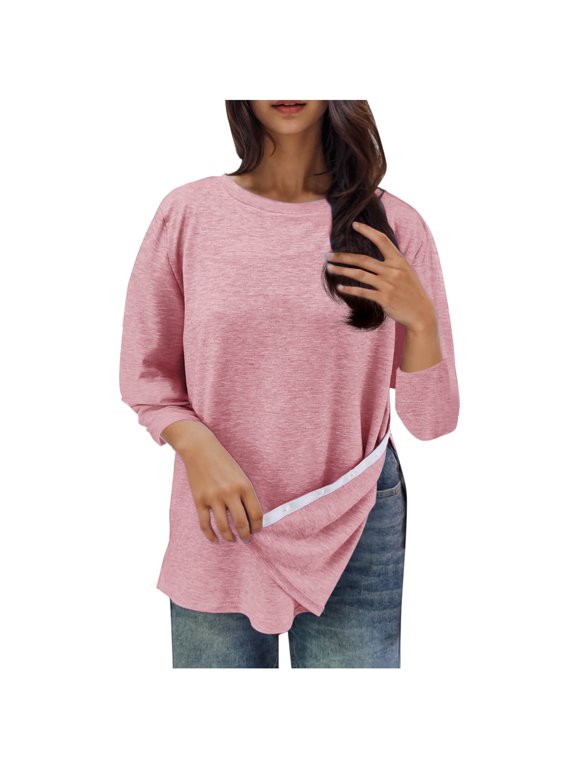 3/4 Sleeve T Shirts for Women with Side Slits Snap Closure Convenient Crew Neck Tops Breathable Casual Loose