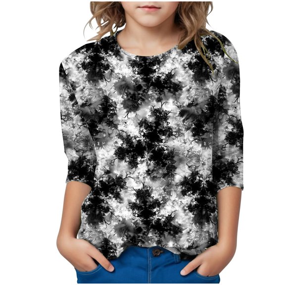 3/4 Sleeve Tee Girls Kids Lightweight Tops Girl Shirts 3/4 Sleeve Children's Clothing Trendy Comfort Tees Clothes Shirt for Girls Black