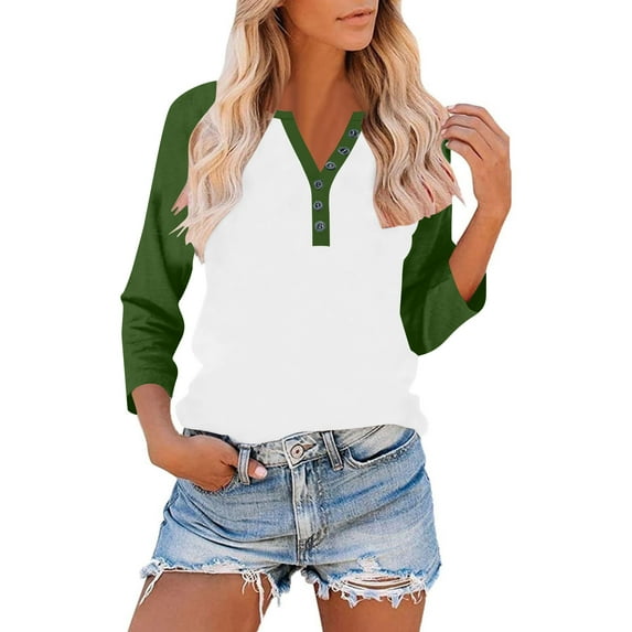 3/4 Sleeve Tees Shirts for Womens Henley Neck Tee Button Down Tunics Blouses Relaxed Fit Tees Tops Comfort Casual Shirts Beach Vacation Outfits