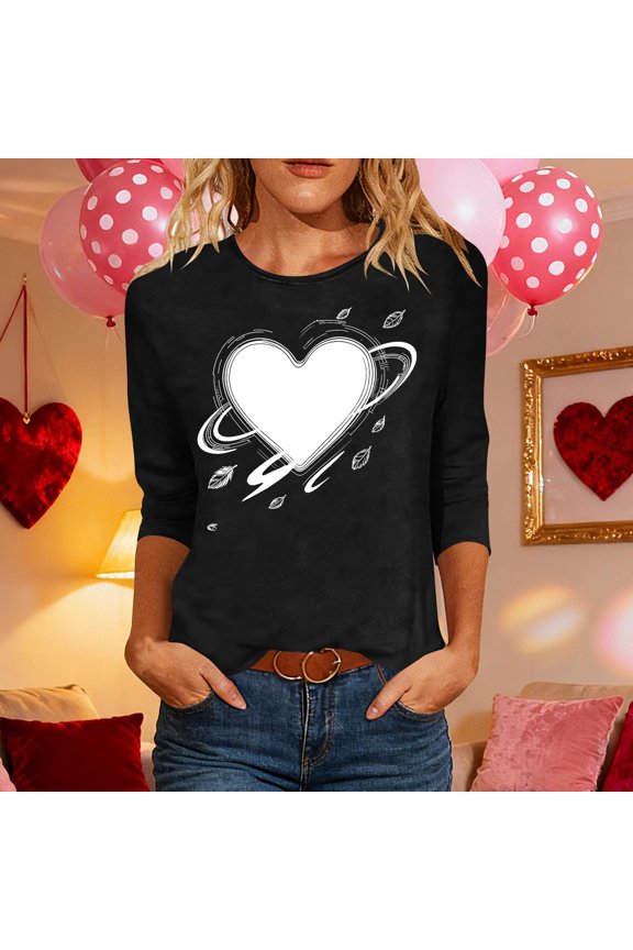 3/4 Sleeve Top for Women Abstract Orbit Heart with Floating Feathers Graphic Crewneck Loose Fit Soft Breathable Artistic Casual Fashion Top