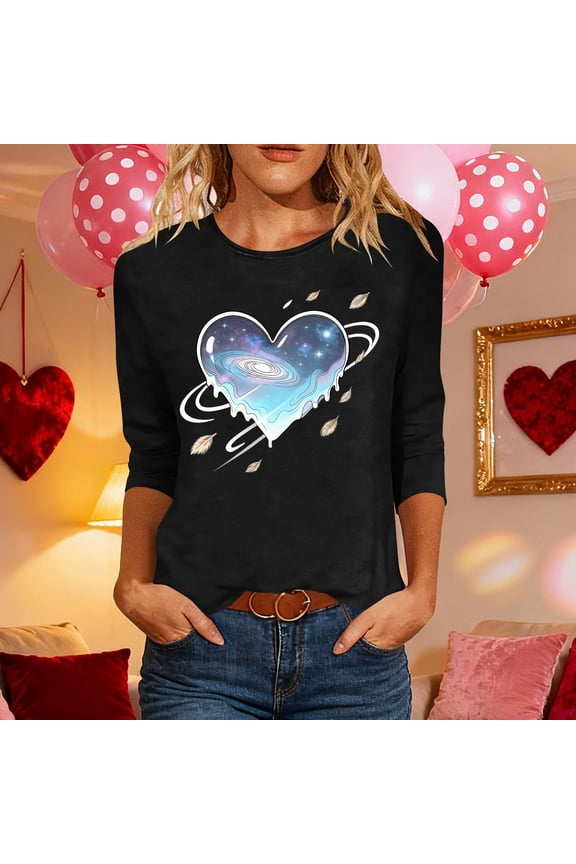 3/4 Sleeve Top for Women Galaxy Cosmic Universe Heart Graphic Crewneck Loose Fit Artistic Casual Soft Breathable Daily Wear Fashion Shirt