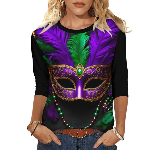 3/4 Sleeve Tops for Carnival Mask Printed Blouses Lightweight Crew Neck Shirts Holiday Parade Tunic Top Funny Party Themed Tees Mardi Gras Outfit Costumes T-Shirt