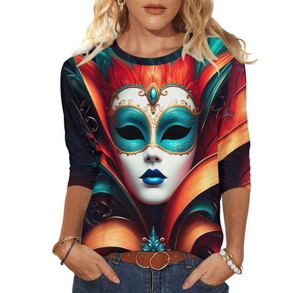 3/4 Sleeve Tops for Carnival Mask Printed Blouses Lightweight Crew Neck Shirts Holiday Parade Tunic Top Funny Party Themed Tees Mardi Gras Outfit Costumes T-Shirt