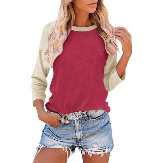 3/4 Sleeve Tops for Lady Summer Women 3/4 Sleeve Baseball Tee, Color Block T-Shirts, Cute Crewneck Raglan Tees Athletic Lightweight Blouses for Teens M