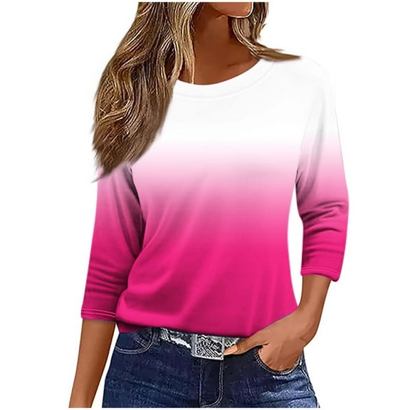 3/4 Sleeve Tops Sevevn Women's Casual Gradient Print Round Neck 3/4 Sleeve T-Shirt Blouse