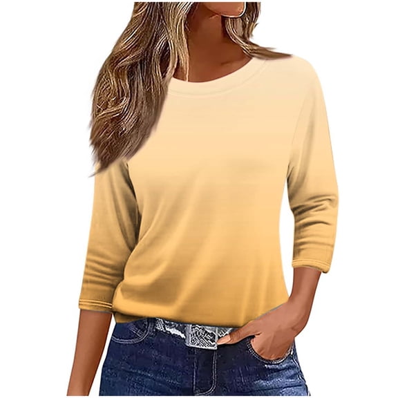 3/4 Sleeve Tops Sevevn Women's Casual Gradient Print Round Neck 3/4 Sleeve T-Shirt Blouse