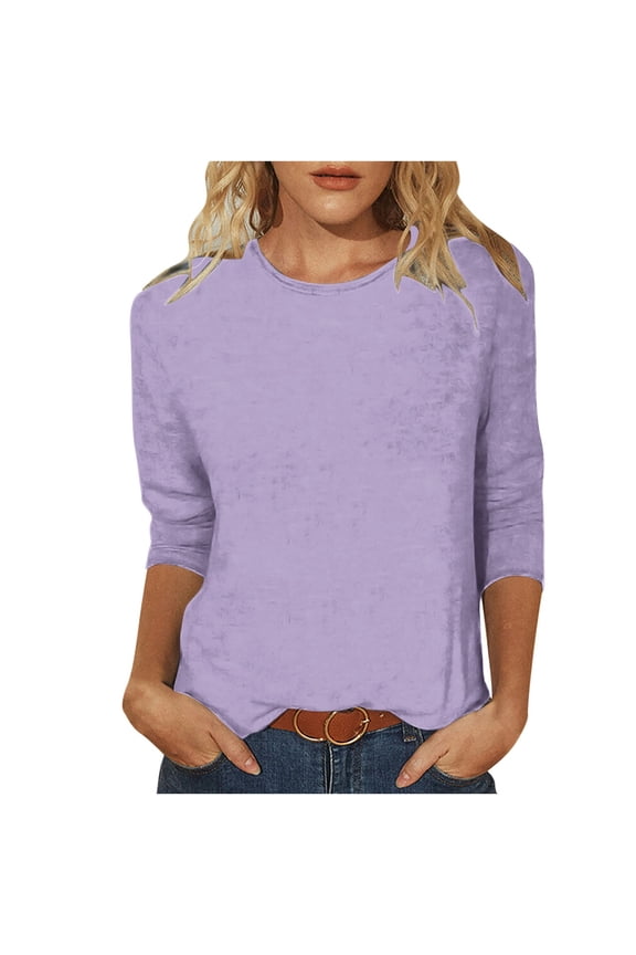 3/4 Sleeve Tops Sevevn Women's Casual Round Neck Solid Colour Loose T-Shirt 3/4 Sleeves Blouse