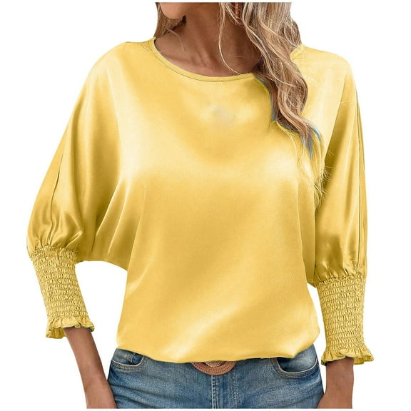 3/4 Sleeve Tops Sevevn Women's Casual Solid Color Round Neck 3/4 Sleeve Blouses
