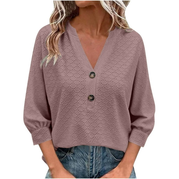 3/4 Sleeve Tops for Women Babydoll Shirts Button V Neck T Shirts Hollow Out Eyelet Tunic Blouses Top Dressy Casual Blouses Trendy Loose Fit Tees Shirt Going Out Tops Plus Size