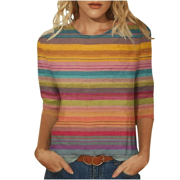3/4 Sleeve Tops Women Color Block Shirts Elbow Sleeve Trendy Casual Loose Sleeve Tshirts Tie Dye Tees Printed Loose Crew Neck Tunic Blouse Fall 2025 Vintage Striped Plus Size S-5XL