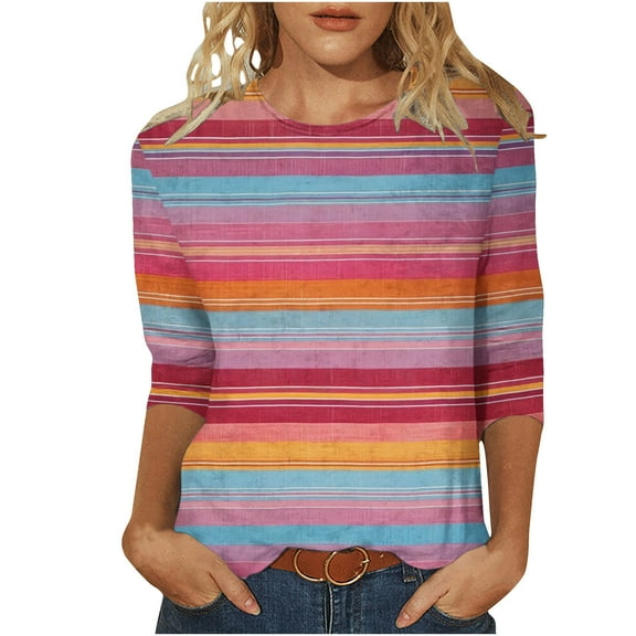 3/4 Sleeve Tops Women Color Block Shirts Elbow Sleeve Trendy Casual Loose Sleeve Tshirts Tie Dye Tees Printed Loose Crew Neck Tunic Blouse Fall 2025 Vintage Striped Plus Size S-5XL