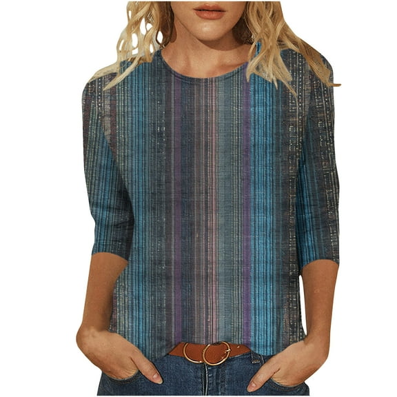 3/4 Sleeve Tops Women Color Block Shirts Elbow Sleeve Trendy Casual Loose Sleeve Tshirts Tie Dye Tees Printed Loose Crew Neck Tunic Blouse Fall 2025 Vintage Striped Plus Size S-5XL