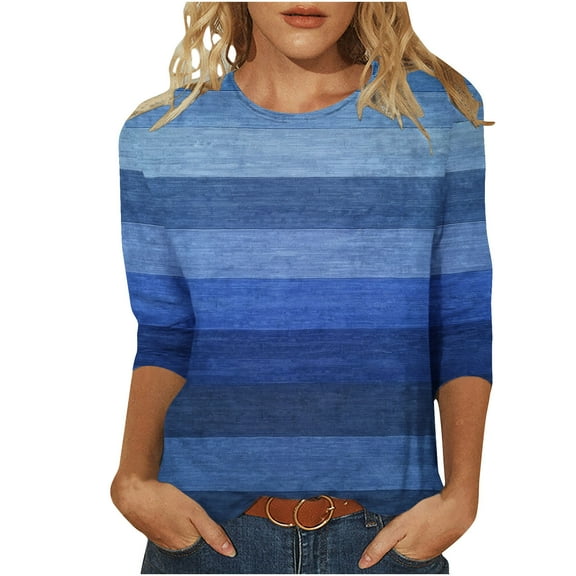 3/4 Sleeve Tops Women Color Block Shirts Elbow Sleeve Trendy Casual Loose Sleeve Tshirts Tie Dye Tees Printed Loose Crew Neck Tunic Blouse Fall 2025 Vintage Striped Plus Size S-5XL