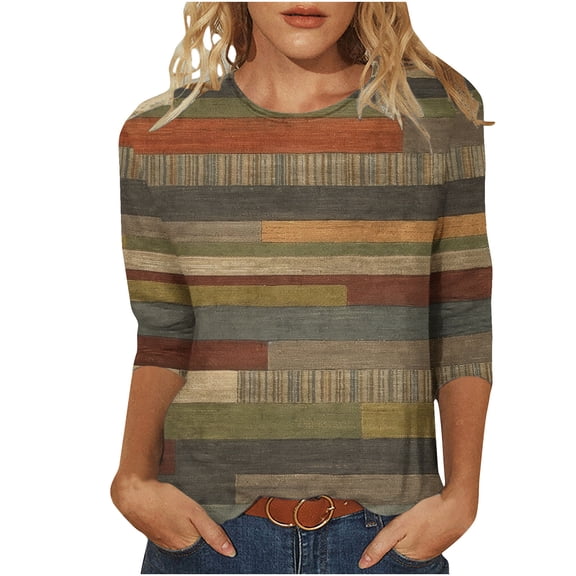 3/4 Sleeve Tops Women Color Block Shirts Elbow Sleeve Trendy Casual Loose Sleeve Tshirts Tie Dye Tees Printed Loose Crew Neck Tunic Blouse Fall 2025 Vintage Striped Plus Size S-5XL