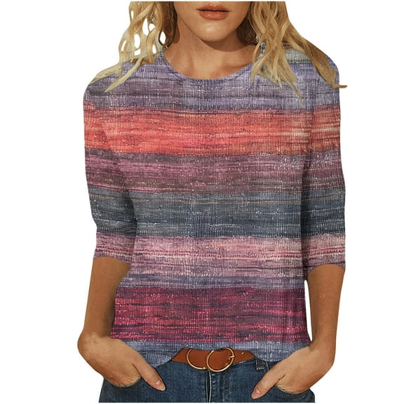 3/4 Sleeve Tops Women Color Block Shirts Elbow Sleeve Trendy Casual Loose Sleeve Tshirts Tie Dye Tees Printed Loose Crew Neck Tunic Blouse Fall 2025 Vintage Striped Plus Size S-5XL