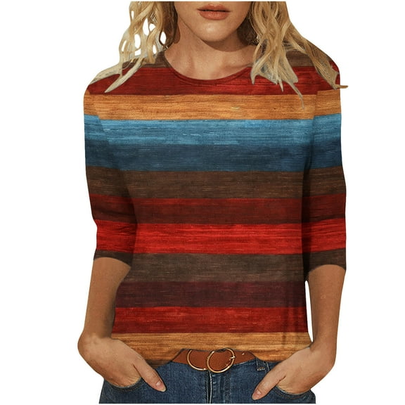 3/4 Sleeve Tops Women Color Block Shirts Elbow Sleeve Trendy Casual Loose Sleeve Tshirts Tie Dye Tees Printed Loose Crew Neck Tunic Blouse Fall 2025 Vintage Striped Plus Size S-5XL