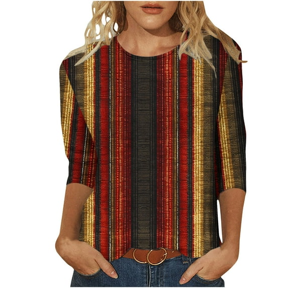 3/4 Sleeve Tops Women Color Block Shirts Elbow Sleeve Trendy Casual Loose Sleeve Tshirts Tie Dye Tees Printed Loose Crew Neck Tunic Blouse Fall 2025 Vintage Striped Plus Size S-5XL