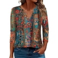 thumbnail image 1 of 3/4 Sleeve Tops for Women Dressy Spring Tops for Women Women's Fashion Boho Shirts Floral Printed T-Shirt 3/4 Sleeves Blouse V-Neck Casual Tops Brown XXXL, 1 of 5