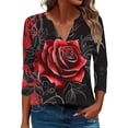 thumbnail image 1 of 3/4 Sleeve Tops for Women Dressy Spring Tops for Women Women's Fashion Boho Shirts Floral Printed T-Shirt 3/4 Sleeves Blouse V-Neck Casual Tops Red XXL, 1 of 5