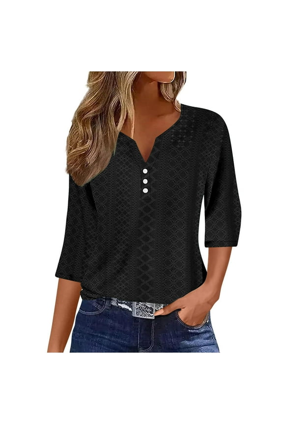 3/4 Sleeve Tops for Women Fashion Casual V Neck Plain Henley Tops Loose Fit 3/4 Length Sleeved Button Eyelet Blouses Lightweight Comfy Summer Blouses Going Out Tops Tees