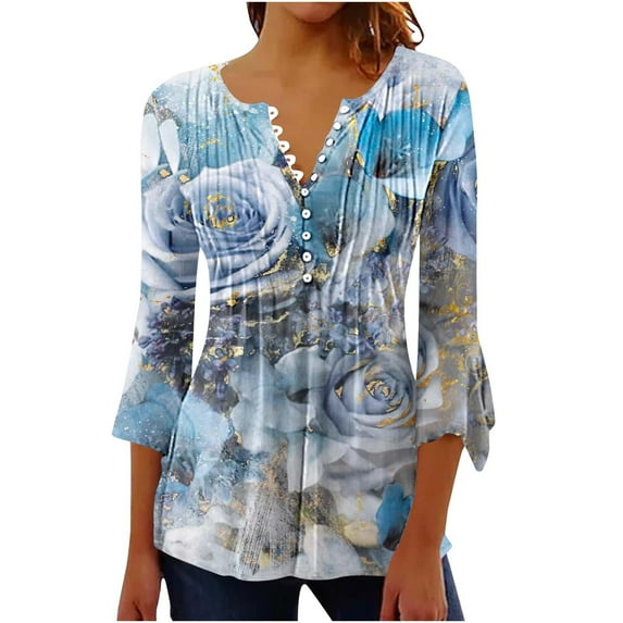 3/4 Sleeve Tops for Women Fashion Printed Button Basic Ruched Tunic Tops Loose Fit Flared Sleeve Pleated T-Shirts Dressy Elegant Longline Henley Blouses Work Daily Life Dates