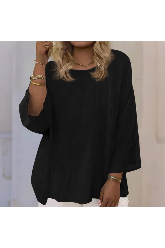 3/4 Sleeve Tops for Women Plus Size Cotton Linen Crewneck Pleated Three Quarter Sleeve T Shirts Summer Casual Solid Rond Neck Loose Comfy Short Sleeve Tee Shirt