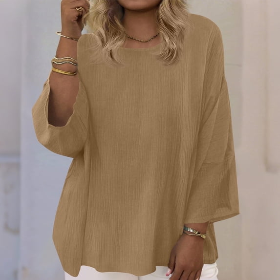 3/4 Sleeve Tops for Women Plus Size Cotton Linen Crewneck Pleated Three Quarter Sleeve T Shirts Summer Casual Solid Rond Neck Loose Comfy Short Sleeve Tee Shirt