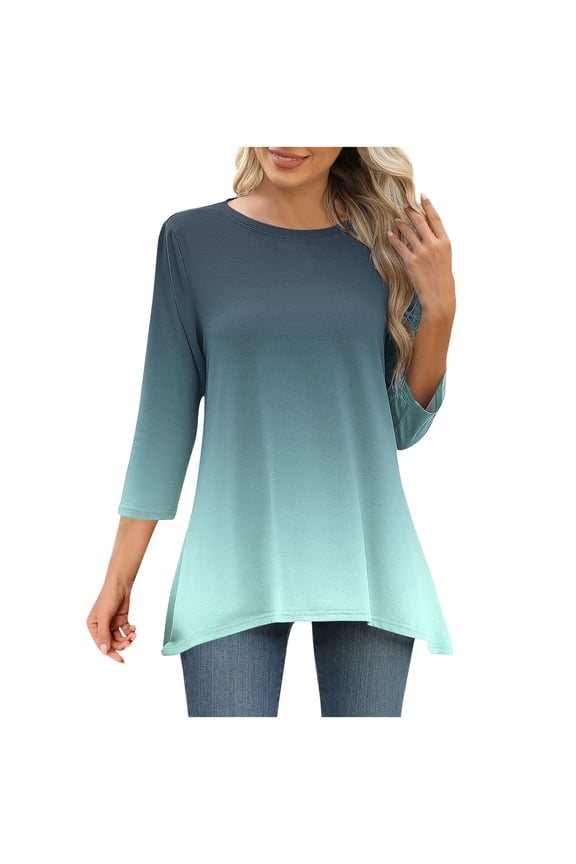 3/4 Sleeve Tops for Women Round Neck Shirts Gradient Color Trendy Casual Loose Tees Loose Hem Three-Quarter Sleeve Shirts for Women Cute Tunic Dressy Top Loose Flare T-Shirt Tops Pullover