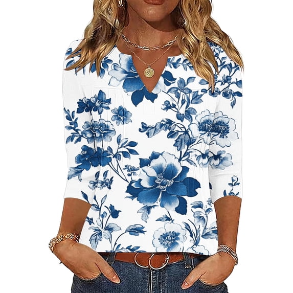 3/4 Sleeve Tops for Women Summer Pleated V Neck 3/4 Length Sleeve Shirts Womens Casual Floral Print Cotton Like Loose Lightweight Comfy Short Sleeve T Shirt