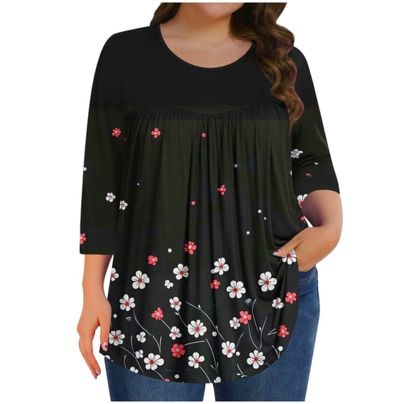 3/4 Sleeve Tops for Women Summer Sale Women's Plus Size Solid Color Gradient European T-Shirt Home Casual with Three Quarter Sleeves Round Neck Top/shirt