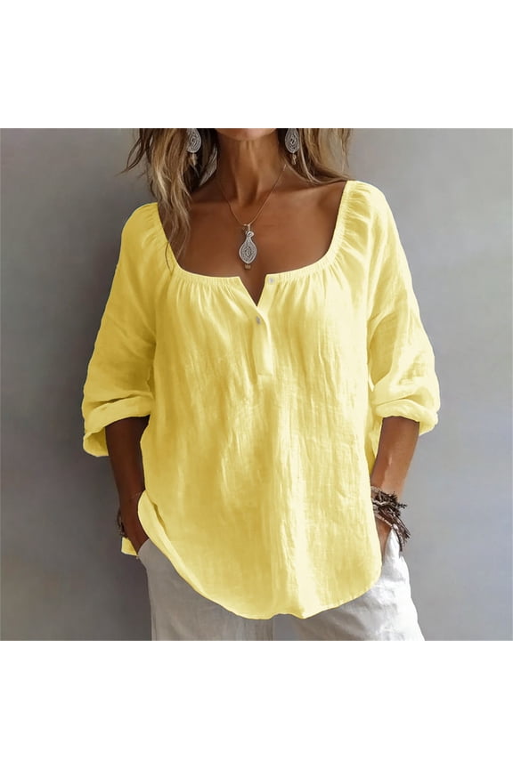 3/4 Sleeve Tops for Women Summer Tops for Women Bohemian Tops Loose Fit Blouses Retro Embroidered 3/4 Sleeve Boho Tops Summer Spring Blouses Vacation Beach Solid Blouses Peasant Tops L