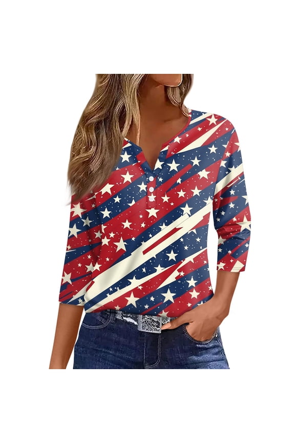 3/4 Sleeve Tops For Women, T Shirt Casual Button Length 4Th Of July V Neck Pullover Top Red White And Royal Blue Tshirt Summer Tops Women Bell Womens Long Shirts Tops Shacket (M, Watermelon Red)