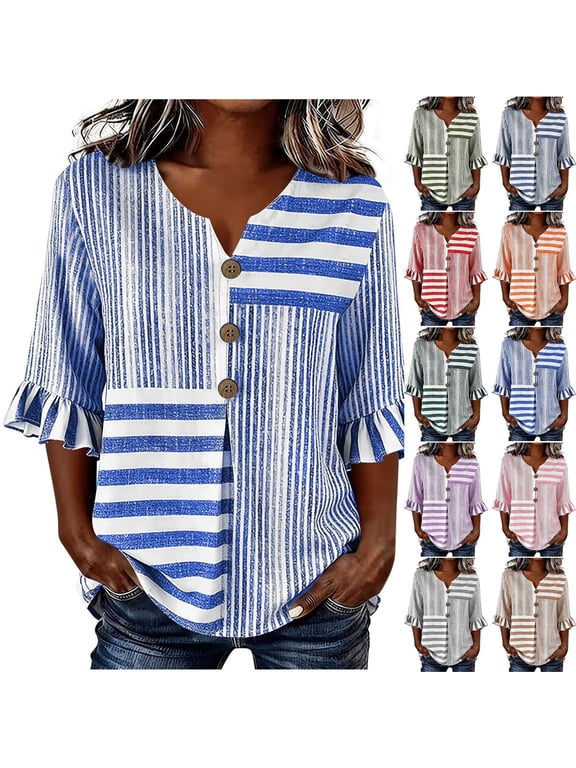 3/4 Sleeve Tops for Women V Neck Ruffle Cuff Button Front Color Block Striped Blouses for Women Relaxed Fit Casual Holiday Breathable T Shirts for Women