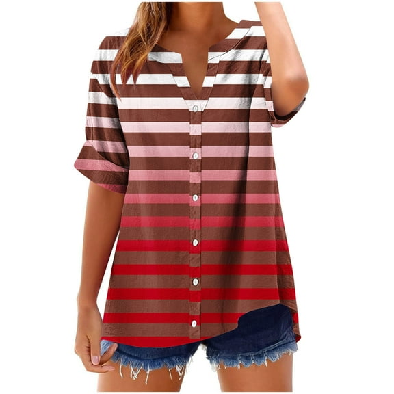 3/4 Sleeve Tops for Women Woman Tops Casual, Linen Tops for Women Summer Work Shirts Trendy Button Down Plus Size V Neck Boho Clothes Spring Tops for Women 2025